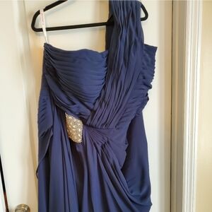 JJs House One Shoulder Navy Dress with Silver Accent